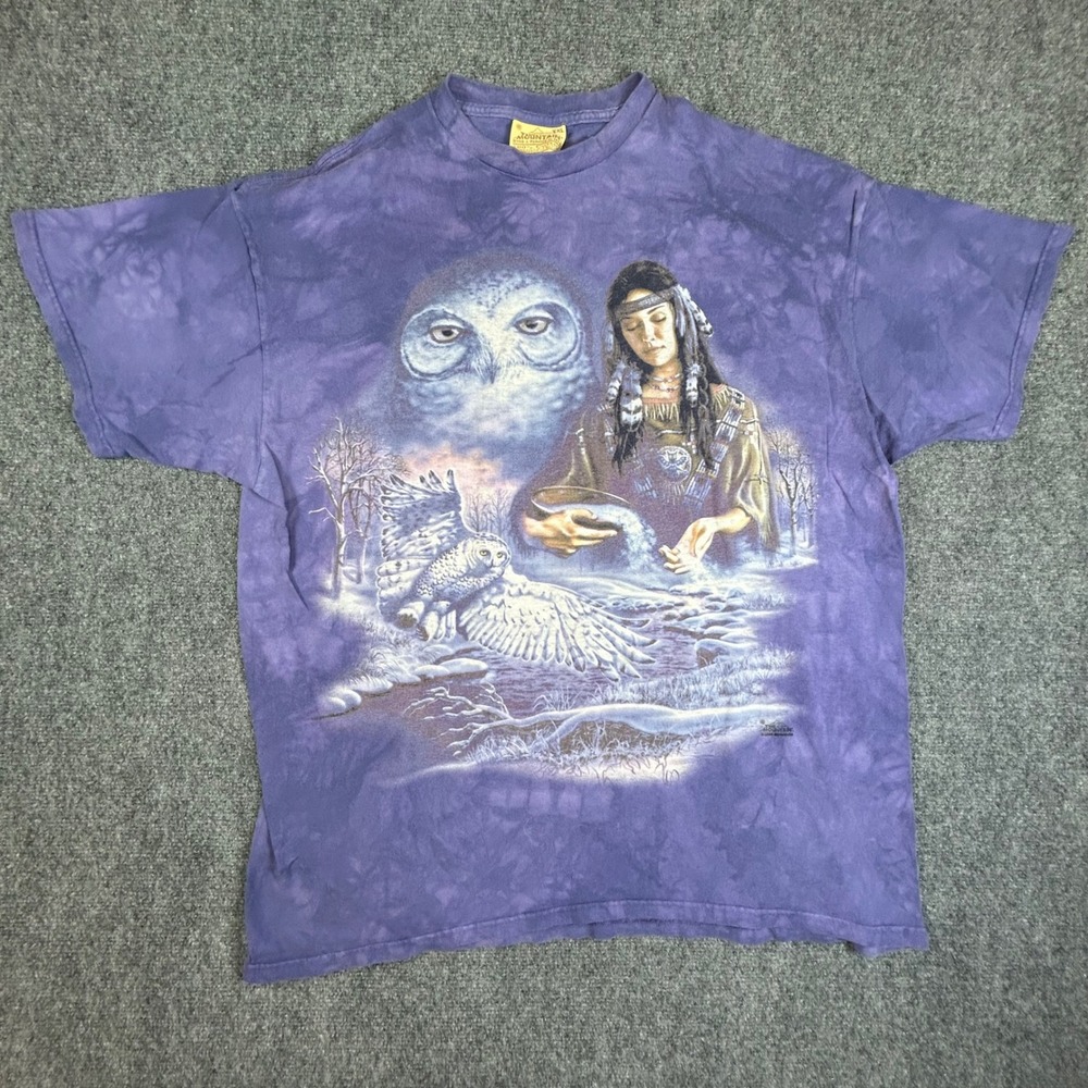 The Mountain Purple Tie Dye Owl Indigenous Graphic T-Shirt XXL 2005 Vintage